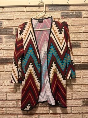 audrey Open-Front Aztec Cardigan - Burgundy, Turquoise, Beige